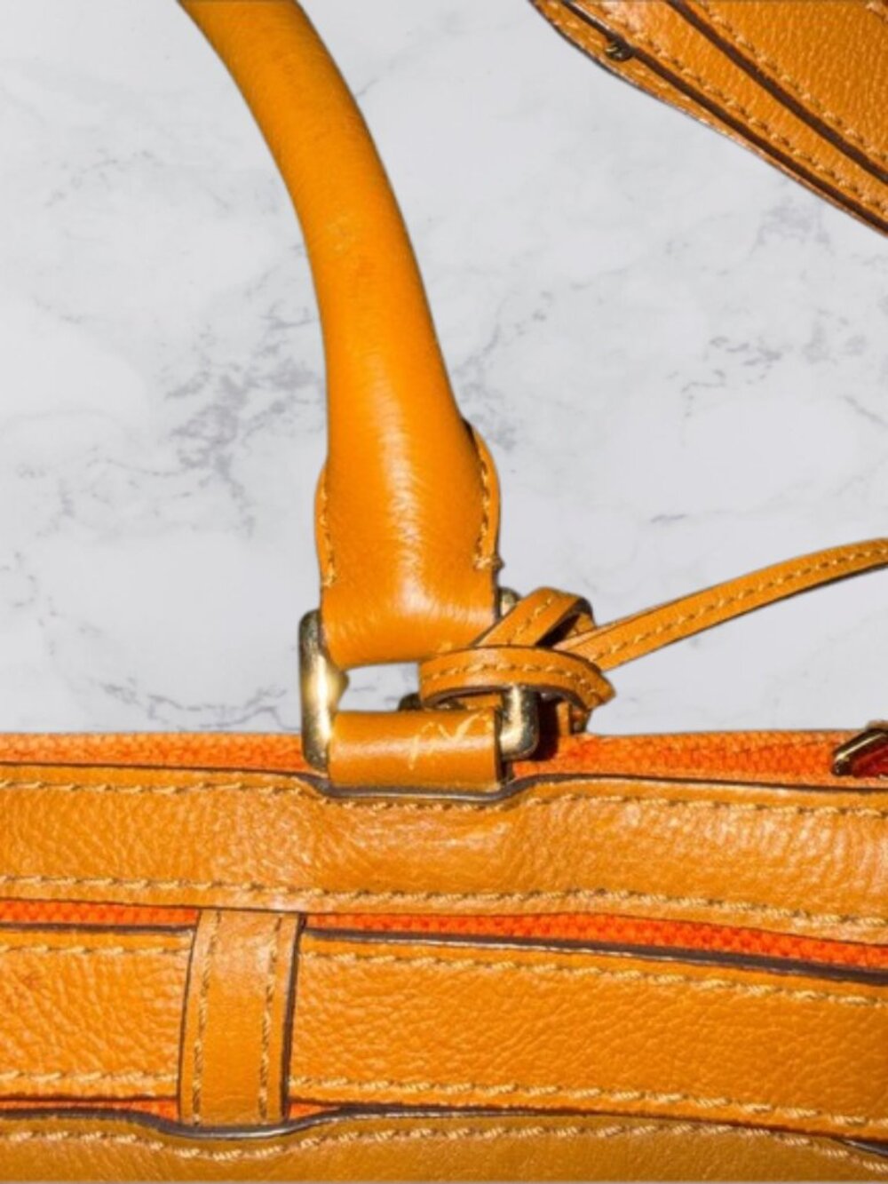 Michael Kors Kingsbury Orange Canvas Bucket Bag Cognac Leather Crossbody - Picture 13 of 13